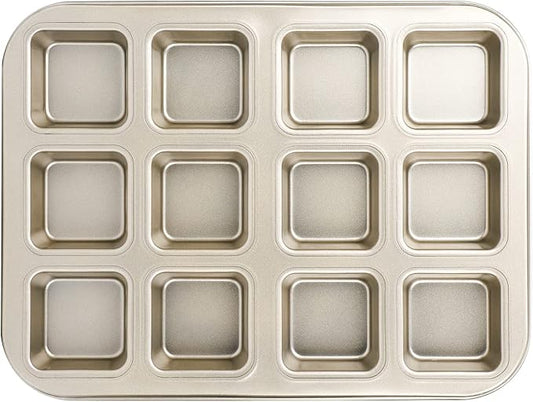 Beasea Brownie Pan with Dividers, 1 Set Gold All Edges Square Cupcake Brownie Pans 12 Cavity Mini Non Stick Baking Carbon Steel Bread Mold Small Edge 3x4 Individual Cutter Sheet Tray for Cake Oven