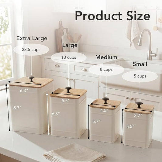 PERFNIQUE Kitchen Canisters, Airtight Canister Sets for Kitchen Counter, Kitchen Canisters for Countertop Set of 4, Coffee Tea Sugar Flour Spice Tin Jars Food Storage Container with Lid(White)
