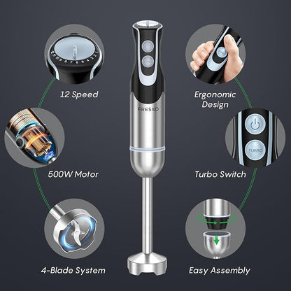 Immersion Blender Handheld, Stainless Steel Hand Electric Stick Mixer with 12-Speeds & Turbo Mode, Powerful 500W Emulsion Blender with Beaker, Chopper & Whisk for Smoothie, Puree, Baby Food