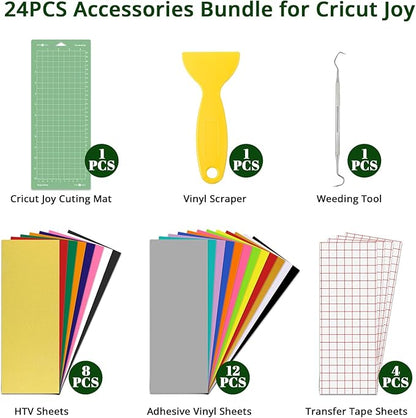 HTVRONT 24PCS Accessories Bundle Compatible with Cricut Joy 2, Accessories and Supplies Include Iron On Vinyl, Adhesive Vinyl Sheets, Vinyl Transfer Tape, Cutting Mat and Weeding Tools for Starter Kit