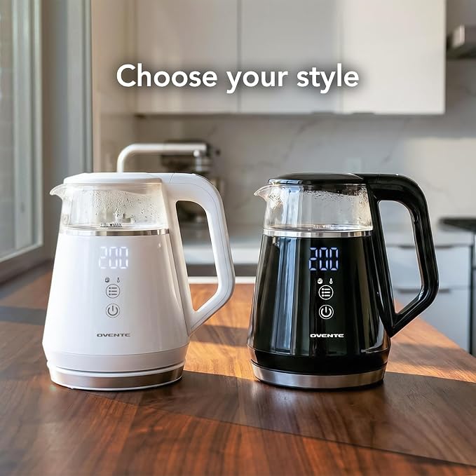 OVENTE 1L Small Electric Kettle with 5 Temperature Preset, Digital Display, 5Hr Keep Warm, Auto Shut-Off, Double-Wall Cool Touch Exterior, Borosilicate Glass,1500W BPA Free Water Boiler, White KD95W