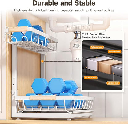 Sevenblue 2 Packs Under Sink Organizer, Height Adjustable 2 Tier Under Kitchen Sink Organizer, Multi-Purpose Storage Shelf for Kitchen Bathroom Cabinet (White, Large)