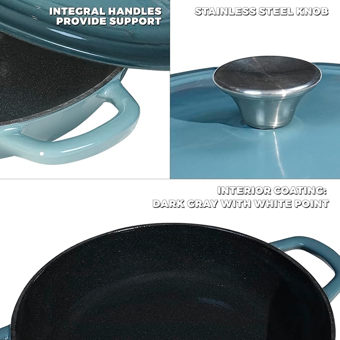 Flavehc Braiser Enameled Cast Iron Braiser 2.25 QT, Cast Iron Braiser Pan with Lid for Bread Baking, Soup & One Pot Meals, Small Shallow Dutch Oven Casserole for Oven & Induction, Slateblue
