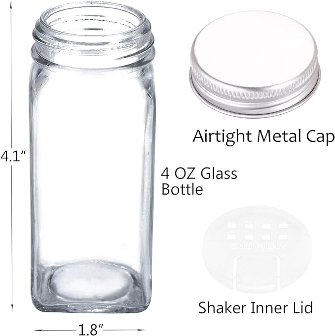 SWOMMOLY 25 Glass Spice Jars with 703 Spice Labels, Chalk Marker and Funnel Complete Set. 25 Square Glass Jars 4OZ, Airtight Cap, Pour/sift Shaker Lid