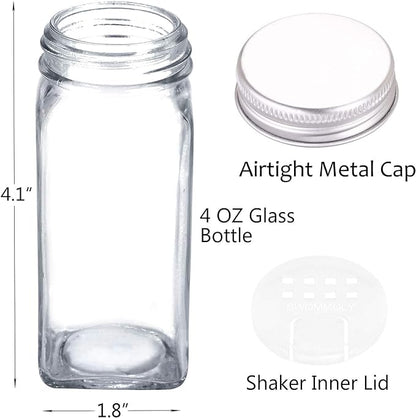 SWOMMOLY 25 Glass Spice Jars with 703 Spice Labels, Chalk Marker and Funnel Complete Set. 25 Square Glass Jars 4OZ, Airtight Cap, Pour/sift Shaker Lid