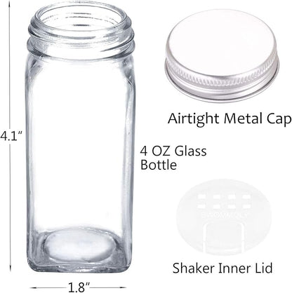 SWOMMOLY 36 Glass Spice Jars with 703 Spice Labels, Empty Square Spice Bottles 4 oz with Pour/Sift Shaker Lid, Airtight Cap, Chalk Marker and Funnel Complete Set