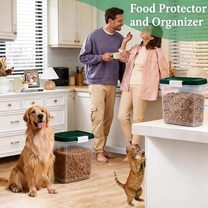 Dark Green Airtight Dog Cat Food Storage Container 10 Lbs - Slim Tall Pet Food Treat Container with Lid, Scoop and Cup - Clear Plastic Dry Food Storage Bin for Dogs, Cats, Bird Seeds, Kibble, Pellets