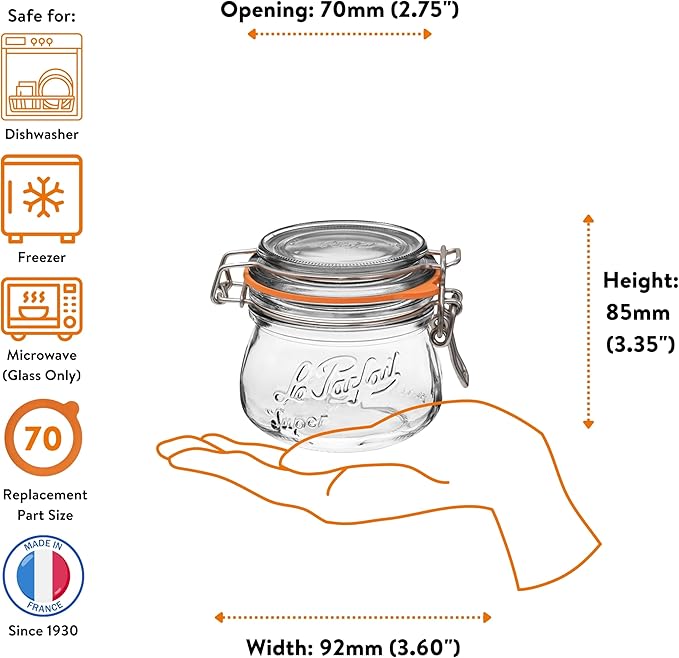 Le Parfait Super Jar 250mL (8oz) French Glass Preserving Jar w/Airtight Rubber Seal & Wire Bail Closure - BPA-Free Canning Jar for Pickles, Fruit, Sauce & Food Storage - Made in France Since 1930 1PK