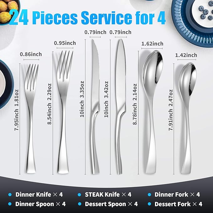 Lemeya 24-Pieces Silverware Set with Steak Knives,Heavy Duty 18/10 Stainless Steel Flatware Set for 4,Modern Cutlery with Forged Stand Knives,Mirror Polished,Dishwasher Safe