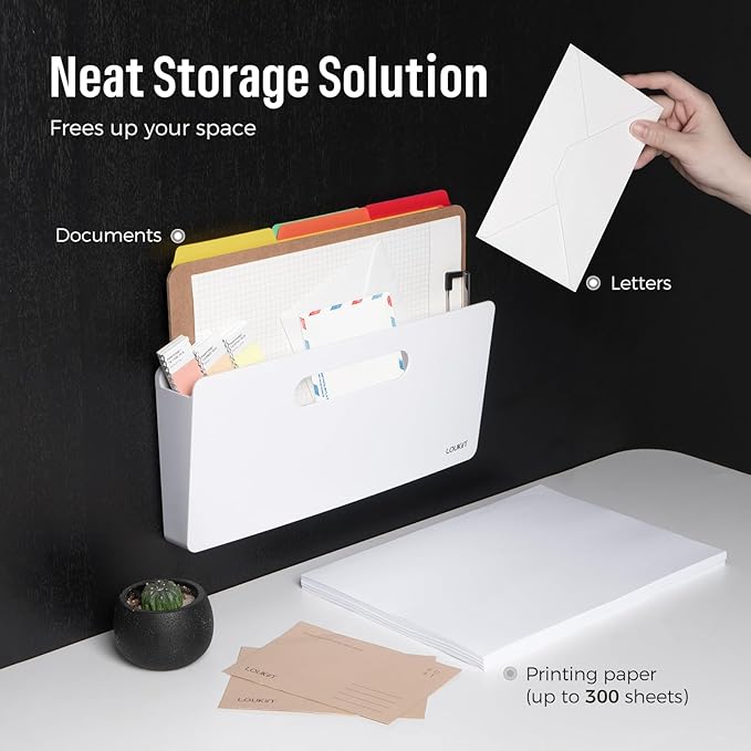 loukin Magnetic File Holder - 13"×5.9" Vertical Wall Mount Organizer for Whiteboard, Refrigerator, Office Wall, Documents, Letters (White)