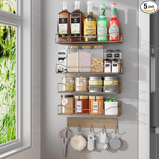 Magnetic Spice Rack for Refrigerator, 5 Pack Metal Strong Magnet Spice Organizer Shelves with Hook Rack, Space Saving Magnetic Fridge Shelf for Home Kitchen Organization and Storage (Brown)