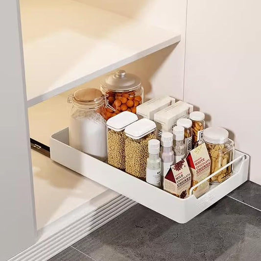 Pull Out Cabinet Organizer with Soft-Close Damping, 25x43 Cm Slide Out Pantry Shelf, Heavy Duty Kitchen Storage Solution for Spices, Jars, Cans, White