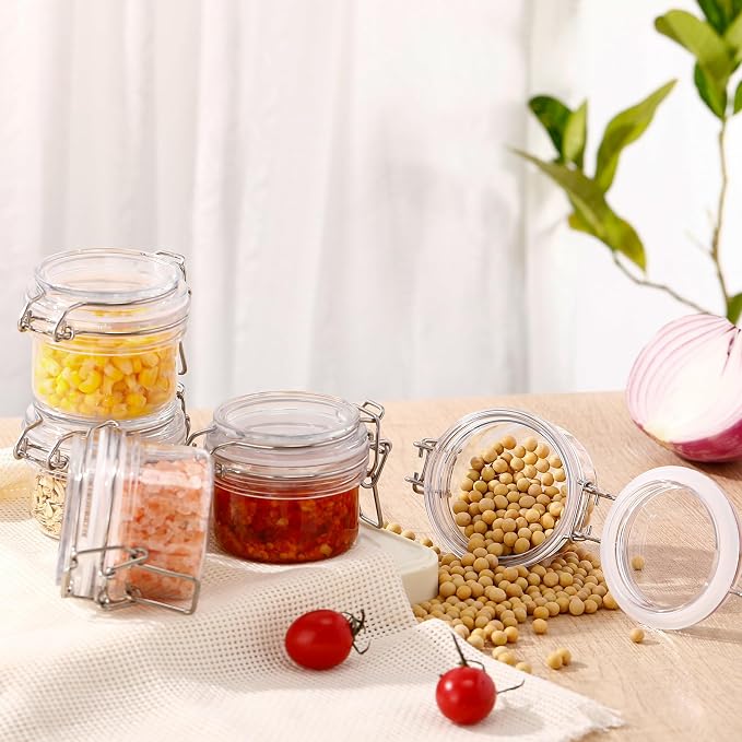 Suclain 12 Pack 4oz/120ml Pet Plastic Storage Jars with Lids Bulk, Clear Wide Mouth Canning Jar with Airtight Lid Empty Sealed Canisters Food Storage Container for Spices Herbs Jam Sauces Weeds Coffee