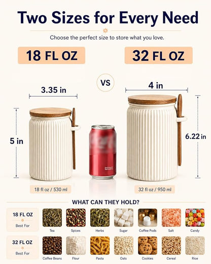 getstar Canisters Sets for the Kitchen, 32 oz Sugar Coffee Tea Storage Containers, Ceramic Kitchen Canisters for Countertop Set of 4 with Airtight Lids and Teaspoons