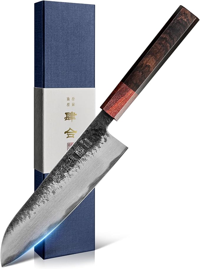 kanngou 7 inch Razor Sharp Santoku Knife, AUS-8 Alloy Steel 18cm Japanese Chef Knife with Eboy Handle, Chefs Knife with Premium Gift Box (WA Series)