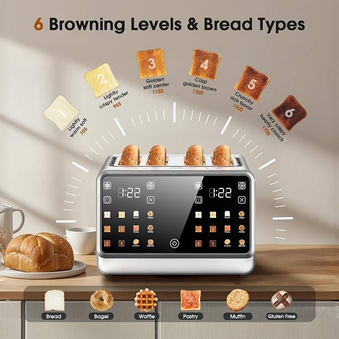 Smart Toaster 4 Slice with Dual Touchscreen, 1800W Stainless Steel Toasters Dual Zone Independent Control Extra Wide Slot 1.5 Inch, Single Slot Tech Timer for Bagel Waffle Bread