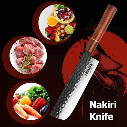 Huusk Japan Knife, Nakiri Knife Japanese Vegetable Knives 7 Inch, Multipurpose Asian Kitchen Chef Knives,Hand Forged High Carbon Steel Sharp Cleaver, Ergonomic Rosewood Handle, Gifts Idea for Men