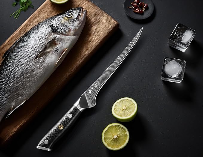 Damascus Fillet knife 7 Inch - Ultra-Sharp Fillet Knife for Fish and Meat, Professional Japanese Boning Style with VG10 Steel Core, Full Tang G10 Handle, Elegant Box