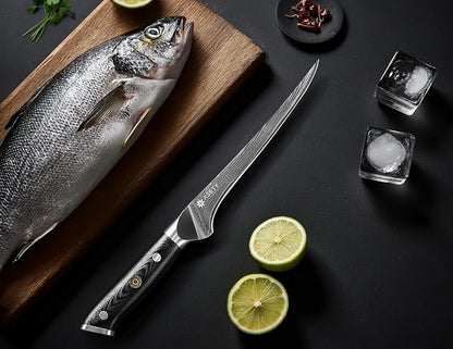 Damascus Fillet knife 7 Inch - Ultra-Sharp Fillet Knife for Fish and Meat, Professional Japanese Boning Style with VG10 Steel Core, Full Tang G10 Handle, Elegant Box