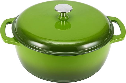 Amazon Basics Enameled Cast Iron Dutch Oven Pot with Lid, Round, Dual Handles, Heavy-Duty, Oven Safe for Stews, Roasting, Baking, 7.3-Quart, Green