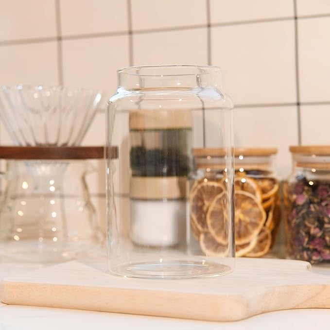 Custde Glass Jar with Lid, 28.7 FL oz Airtight Glass Storage Jar Glass Food Storage Containers for Kitchen Counter, Pantry, Decorative for Coffee, Sugar, Candy Jar Cute (Bamboo 28.7 FL OZ)