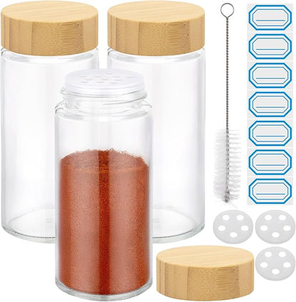 Segarty 4oz Spice Jar with Bamboo Shaker Lids, 3 Pack 120ml Round Spices Jars for Herb Grain Storage, Empty Glass Cabinet Seasoning Organization Set, Clear Salt Pepper Shakers with 7 Stickers, 1 Brush