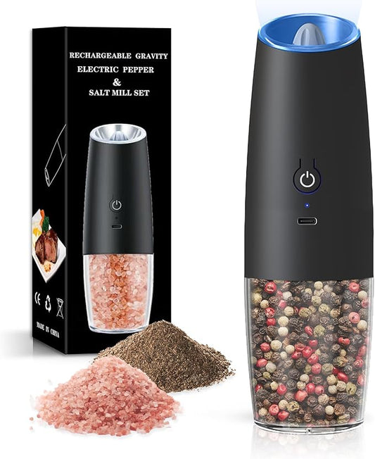 Rechargeable Salt And Pepper Grinder with LED Light, Automatic Electric Gravity Salt And Pepper Shakers, No Battery Needed, Adjustable Roughness, 1 Pack (Black)