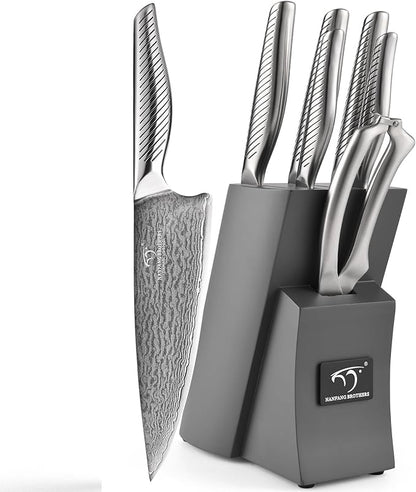 NANFANG BROTHERS® 7 Pieces Damascus Kitchen Knife Set, High Carbon Stainless Steel Damascus Steel Chef Knife Set, Stainless Steel Ergonomic Handle for Chef, Knife Block Set for Chopping NF