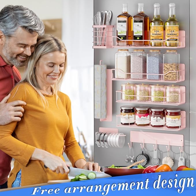 Magnetic Spice Rack for Refrigerator,8 Pack Magnetic Fridge Shelf, Moveable Spice Organizer with Hook Rack, Paper Towel Holder, Utensil Holder,cup lid holder, Super Magnetic Rack Set (Pink)
