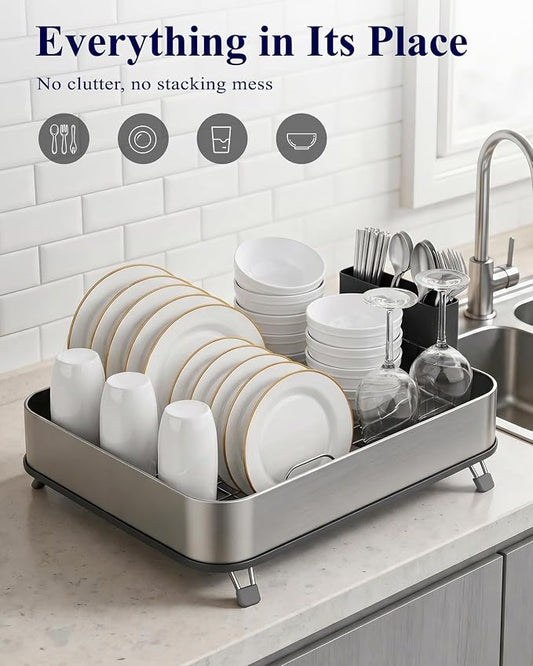 Kitsure Dish Drying Rack - Stainless Steel Dish Rack with Cutlery Holder, Rust-Resistant Wrapped Edges, Space-Saving Dish Racks for Kitchen Counter, 16.1" x 12.7" x 4.6", Black