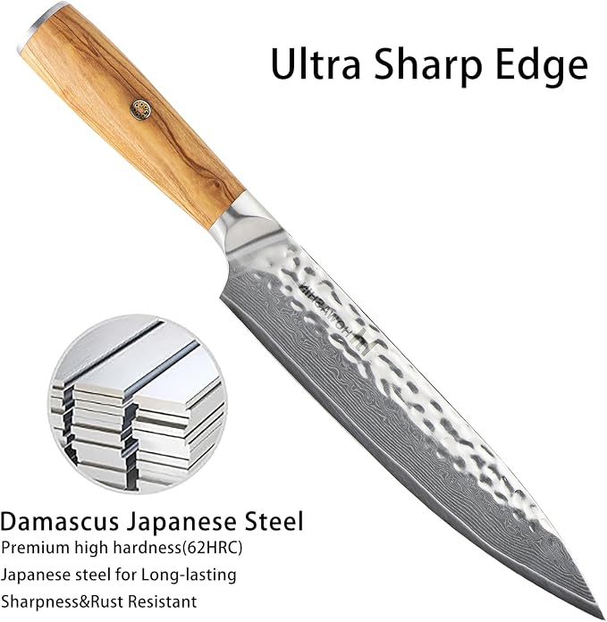 Chef Knife, 8 Inch Japanese Chefs Knife Professional Razor Sharp, VG-10 Damascus Stainless Steel Kitchen Knife with White Olive Wood Handle, Gift Box for Family & Restaurant