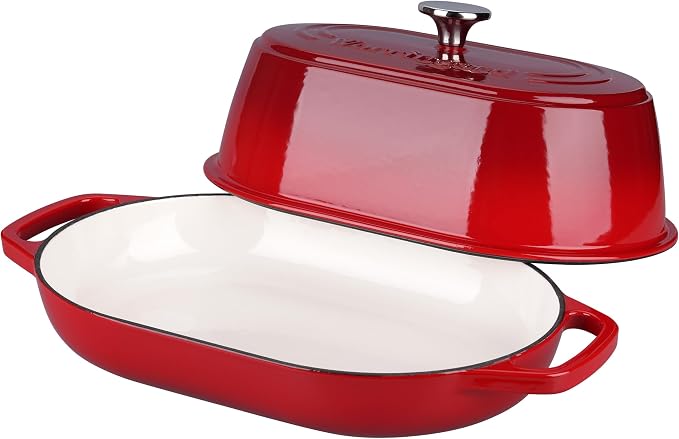VORRINGARD Enameled Cast Iron Dutch Oven Pot with Dome Lid, Oval Bread Oven for Homemade Sourdough Bread Baking, Oven Safe up to 500°F, 6 Quart, Red