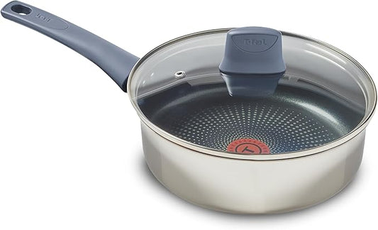 T-fal Essentials Stainless Steel Saute Pan w/Non Stick Coating & Glass Lid, 3.5 Quart, All Cooktops Including Induction, Oven Safe 350F, Heat Indicator, Measuring Marks, Dishwasher Safe, Silver/Blue