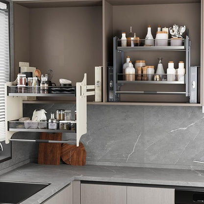 Pull Down Shelf Organizer, 22''~24'', Grey | Heavy Duty, Kitchen Upper Cabinet, 2-Tier, Adjustable Width, for Kitchen Upper Cabinet
