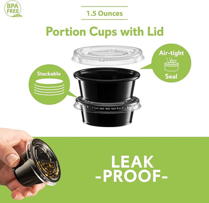 1.5 oz - 100 Sets Black Diposable Plastic Portion Cups With Lids, Small Mini Containers For Portion Controll, Jello Shots, Meal Prep, Sauce Cups, Slime, Condiments Disposable Souffle Cups