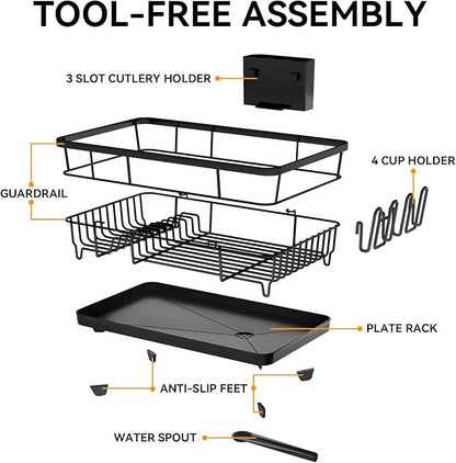 TOOLF Dish Drying Rack, Dish Racks for Kitchen Counter, Stainless Steel Sink Organization and Storage Essentials with Cutlery Holder, Dish Drainer, Home and Appartment Decor, 12.4''W x 16.5''L, Black