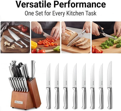 McCook® Knife Sets, German Stainless Steel Kitchen Knife Block Sets with Built-in Sharpener, 15 Piece Chef Knife and More, Razor Sharp, Restaurant Grade, Anti-Rust, Elegant Box for Gift