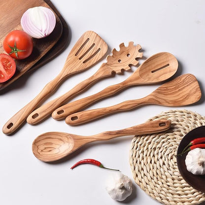 Gudamaye 12 inch Olive Wooden Utensils for Cooking, Long Handle Wooden Spoons, 6 Pieces Crafting Wooden Spoon Set, Natural Olive Wood Kitchen Utensil Set