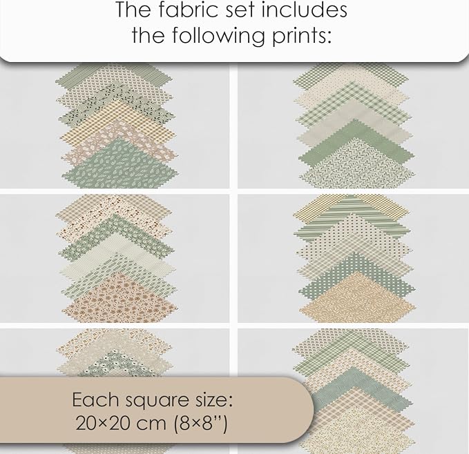 Cotton Satin Patchwork Fabric Panel – 35 Designs, 20×20 cm Squares, Single Piece 150×110 cm, Sage Green & Beige Patchwork Quilt Fabric (Meadow Breeze Patchwork Set, 35pcs 8x8 inch)