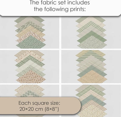 Cotton Satin Patchwork Fabric Panel – 35 Designs, 20×20 cm Squares, Single Piece 150×110 cm, Sage Green & Beige Patchwork Quilt Fabric (Meadow Breeze Patchwork Set, 35pcs 8x8 inch)
