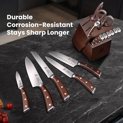 CoquusAid Knife Set, Upgrade 15 Pcs Knife Block Set with Widened Ventilated Slot, German Stainless Steel Kitchen Knives Set with Sharpener, Professional Chef Knives Set, Full Tang Ergonomic Handle