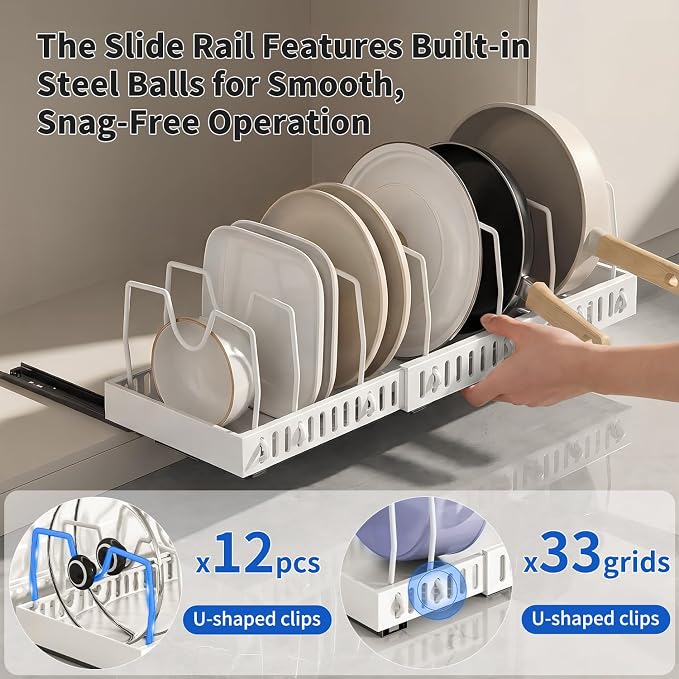 Pull-Out Pots and Pans Organizer, Expandable Lid Rack Pans Organizer Under Cabinet with 12 Adjustable Dividers, Storage Rack for Cookware, Spice, Cutting Board, Dishes, Baking Tray, Lid (White)