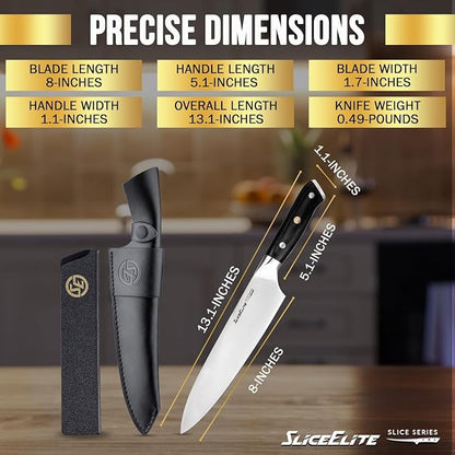 SliceElite Slice Series 8 Inch Chef Knife High Carbon German Steel Blade Pakkawood Handle Dual Sheath Sharp Cooking Knife for Meat Cleaver BBQ Kitchen Knife for Slicing Chopping Cutting Carving Tool