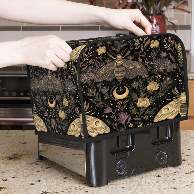 4 Slice Golden Moth Art Toaster Cover Waterproof Dust Fingerprint Bread Machine Cover Washable Kitchen Appliance Protector For Home Kitchen Bakeware Table Decor Women Gifts