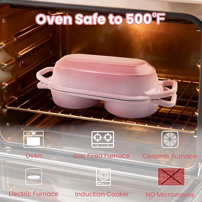 YONILL Mini Double Dutch Oven for Sourdough Bread Baking - Enameled Cast Iron Dutch Oven Pot with Lid and 5" Banneton Bread Proofing Basket Kit, Dual Round Bread Loaf Pan for Homemade Baking (Pink)