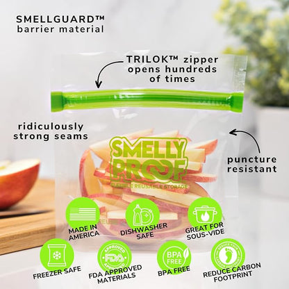 Smelly Proof 25 x Expandable Stand-Up & Fill REUSABLE Food Storage Bags, US Made, NO PEVA & BPA FREE, Reusable Freezer Bags, Dishwasher-Safe, Clear 3 mils STAND & FILL 4" x 3" - 25pk