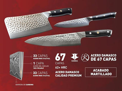KANKA Grill 7" Damascus Steel Meat Cleaver Knife - Heavy Duty Butcher, Chopper, Razor Sharp, 67 Layers, G10 Black Fiberglass Handle, High Carbon Blade for Meat, Vegetables & Bone Cutting
