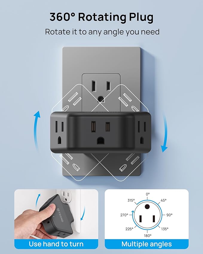 TROND 360 Rotating Plug Outlet Extender, Outlet Splitter with 3 Grounded Sockets, 3 Way Angled Multi Plug Adapter, Cruise Essentials, Small Multiple Expander for Bathroom Kitchen Travel, Black