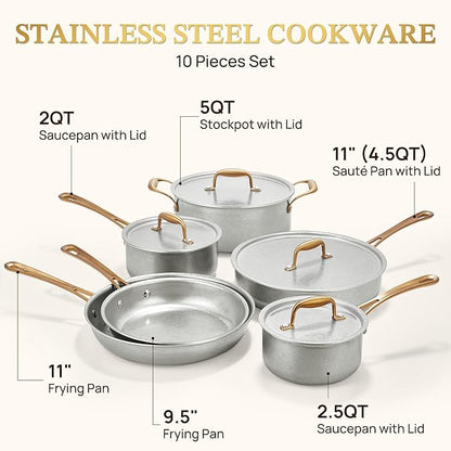 KOKHUB Vintage Stainless Steel Pots and Pans Set, 10 Pcs Tri-Ply Induction Cookware, Non Toxic Cooking Pan Set, PFAS/PTFE/PFOA/PFOS Free, Compatible with All Cooktops