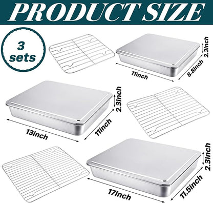 Funnymoom 3 Pcs Baking Stainless Steel Pans with Lids and Cooling Racks 13/10.5/9.5 Inch Roasting Rectangle Sheet Full Size 2.3" Thick Heavy-duty for Cakes Bread Vegetables Dishwasher Safe